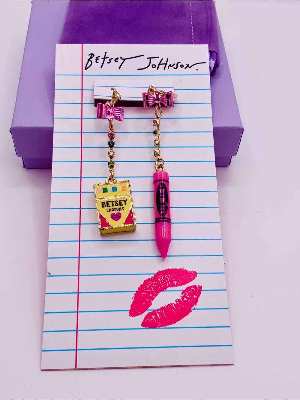 Betsey Johnson Pink Crayon & Crayon Box Drop Earrings